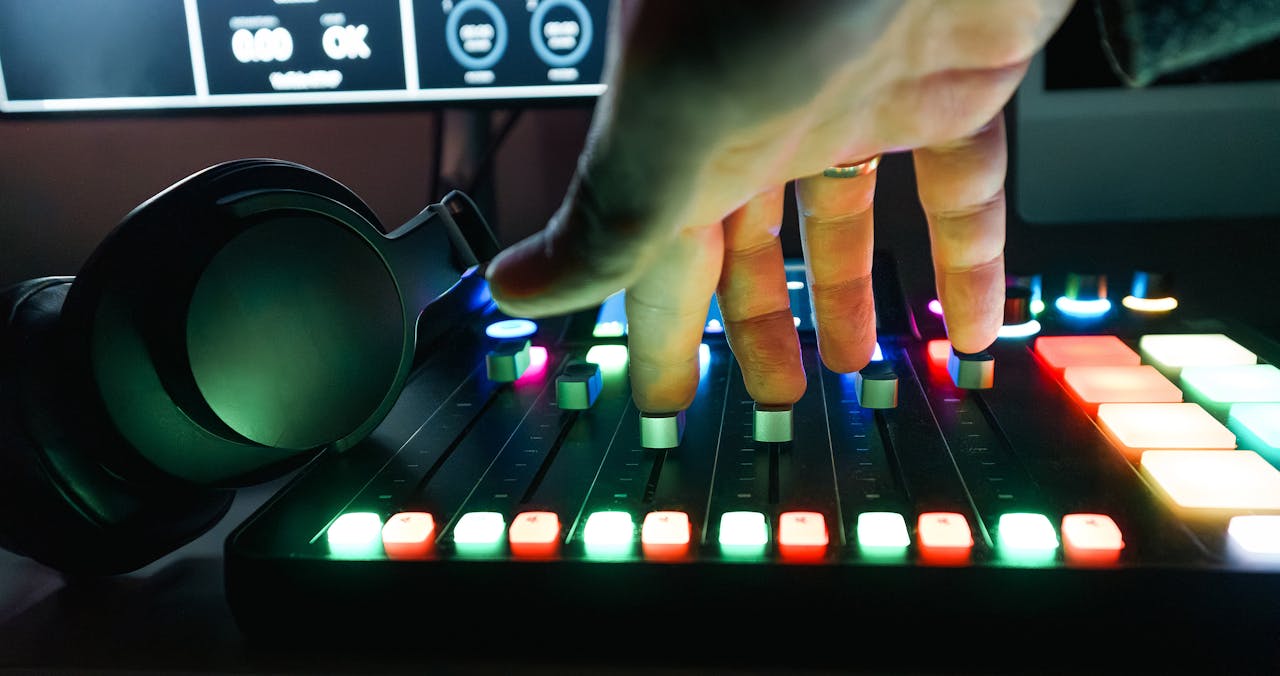 gallery-1 Close-up of a hand adjusting sliders on a colorful audio mixer, with headphones nearby in a recording studio.